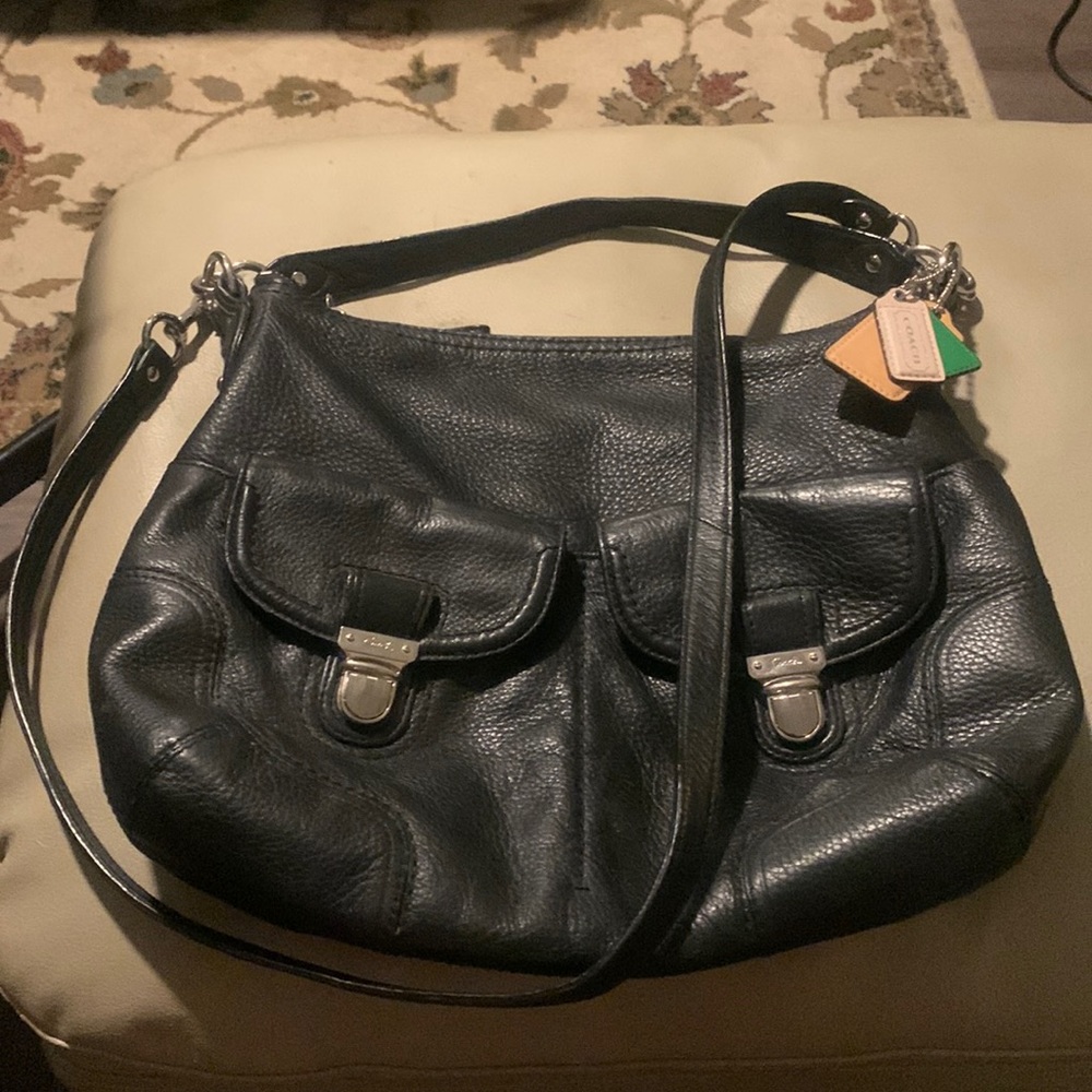 Large black leather coach shoulder bag